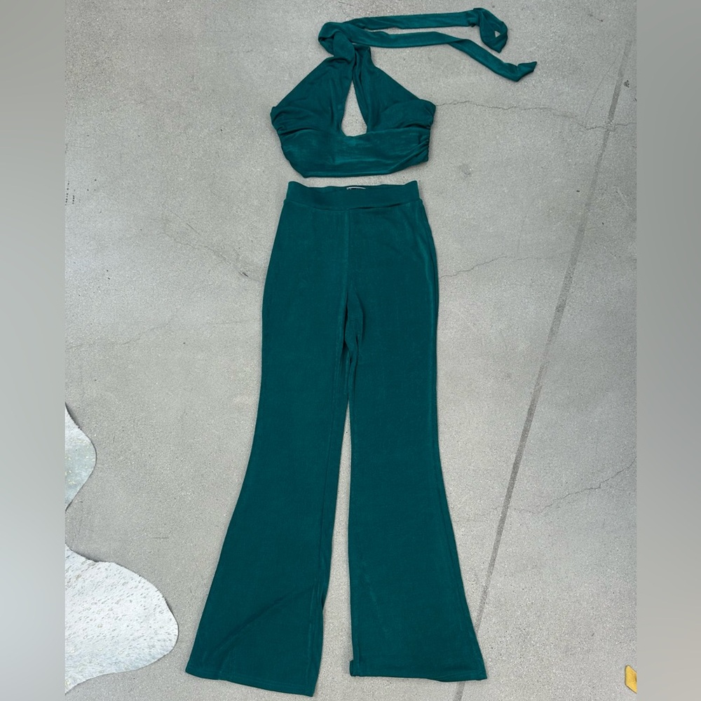 RUNAWAY THE LABEL Emerald green blue halter top and flared pants set XS S